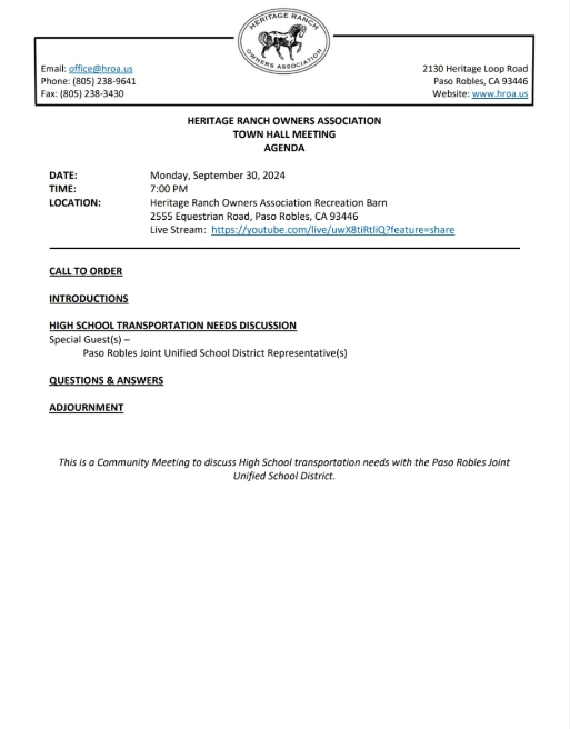 Town Hall Meeting High School Transportation Heritage Ranch Owners